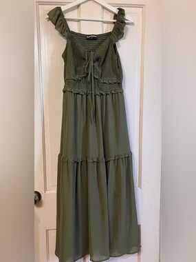 Scarlet Darkness Smocked Olive Maxi Skirt Dress with Ruffle Straps